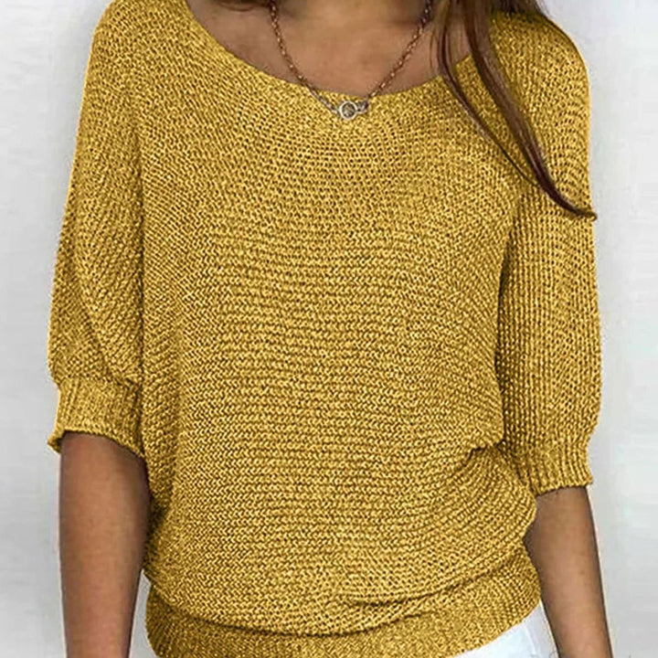 Damen weicher Strick Pullover mit Strickmuster Halbarm Rundhals - Gelb