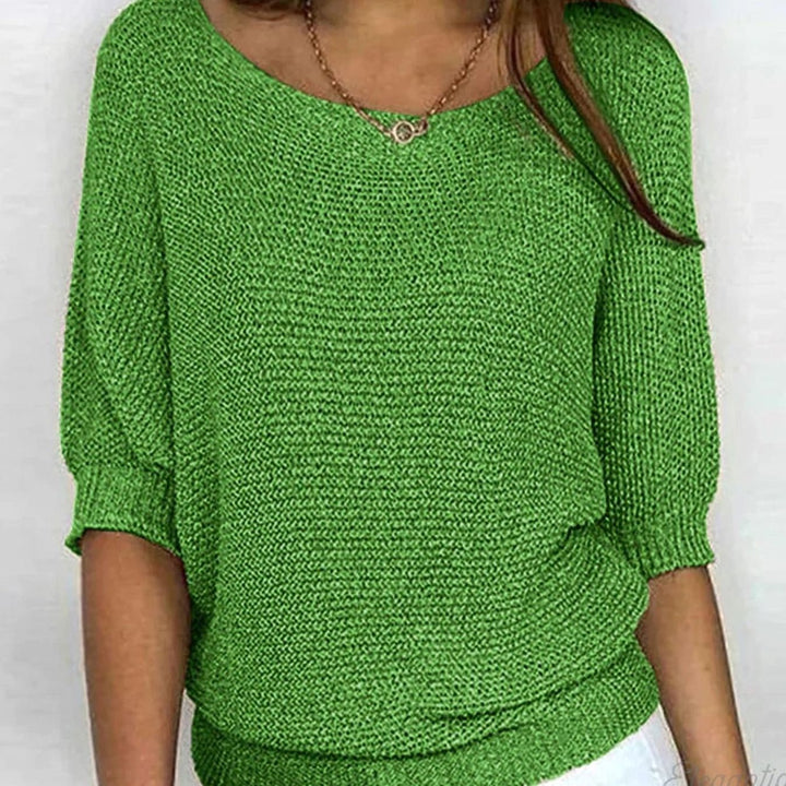 Damen weicher Strick Pullover mit Strickmuster Halbarm Rundhals - Grün