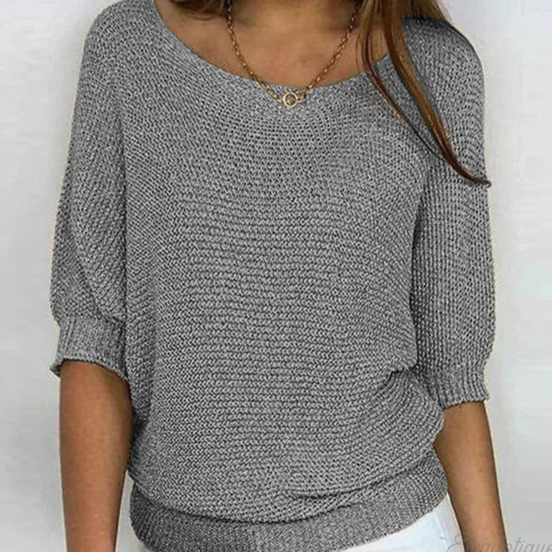 Damen weicher Strick Pullover mit Strickmuster Halbarm Rundhals - Grau