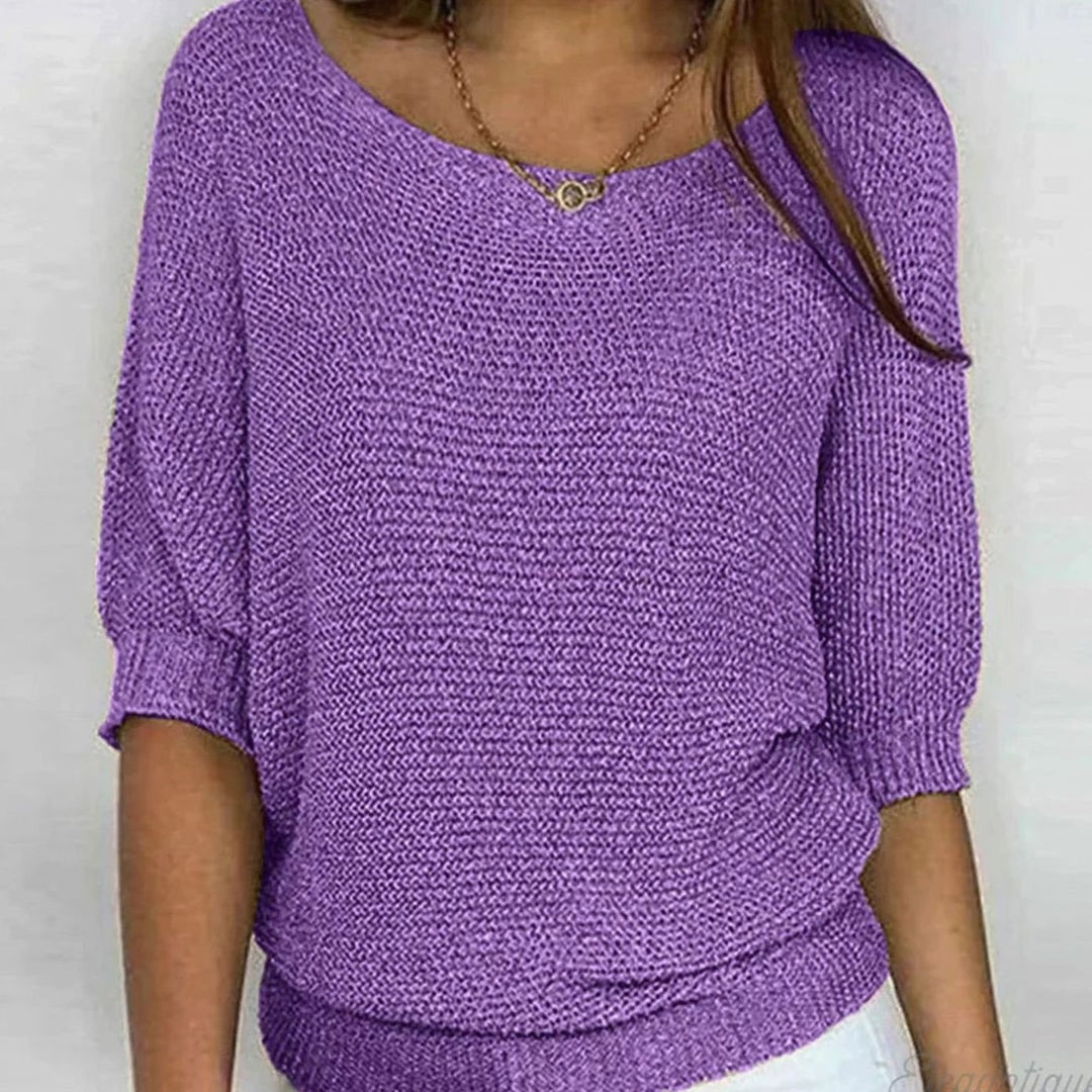 Damen weicher Strick Pullover mit Strickmuster Halbarm Rundhals - Lila