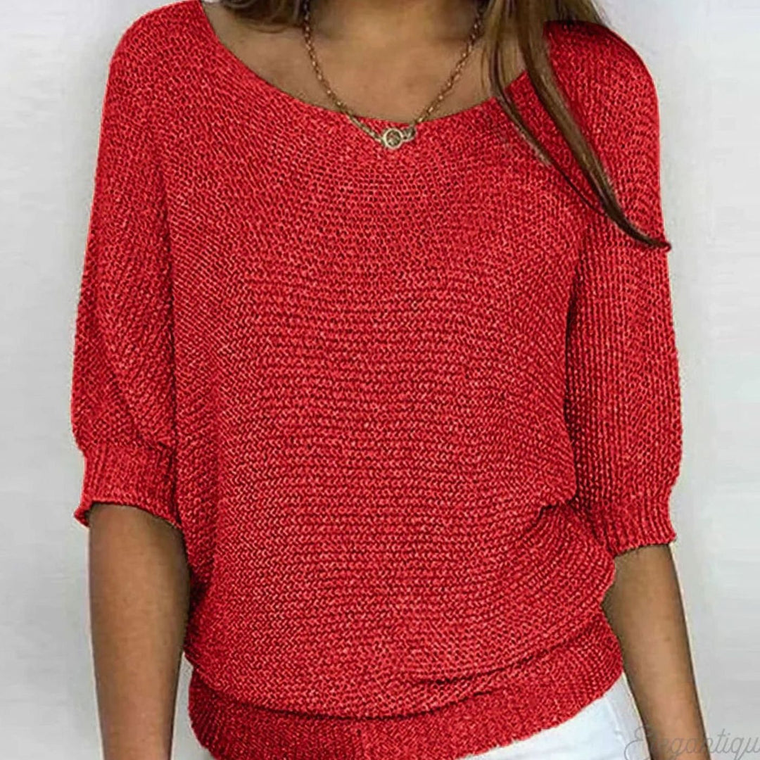 Damen weicher Strick Pullover mit Strickmuster Halbarm Rundhals