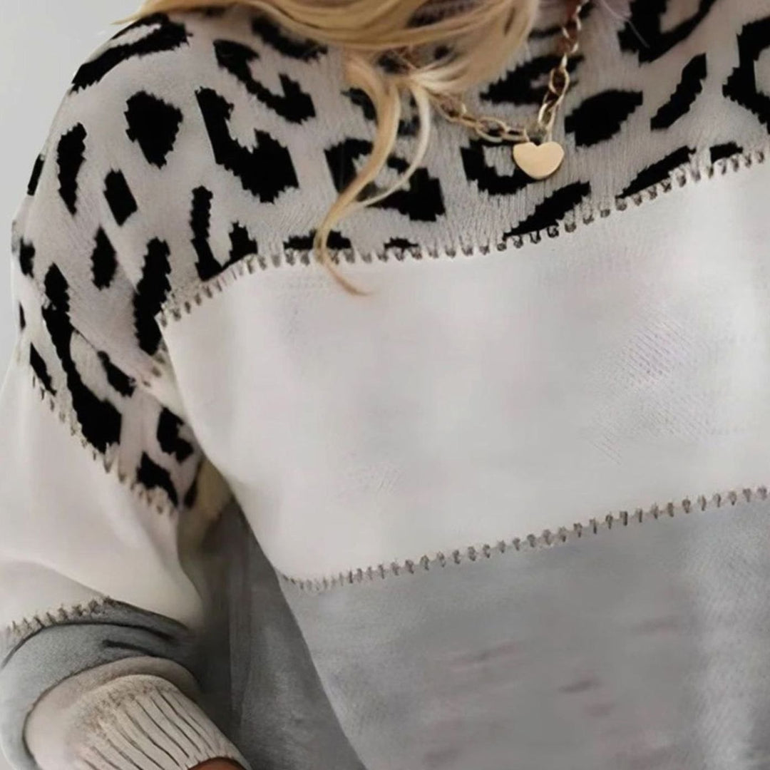 Damen Weicher Strickpullover mit Farbblock und Leopardenmuster