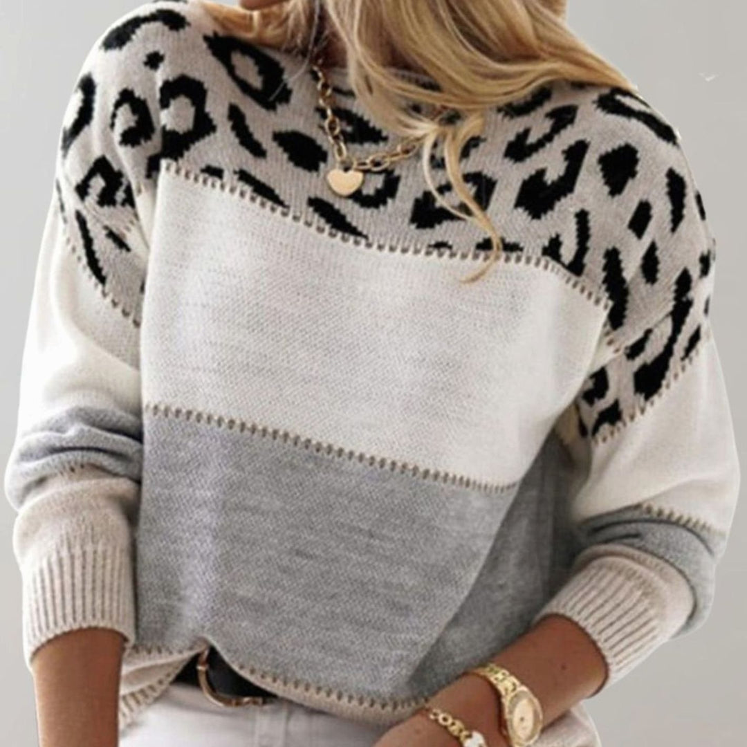 Damen Weicher Strickpullover mit Farbblock und Leopardenmuster