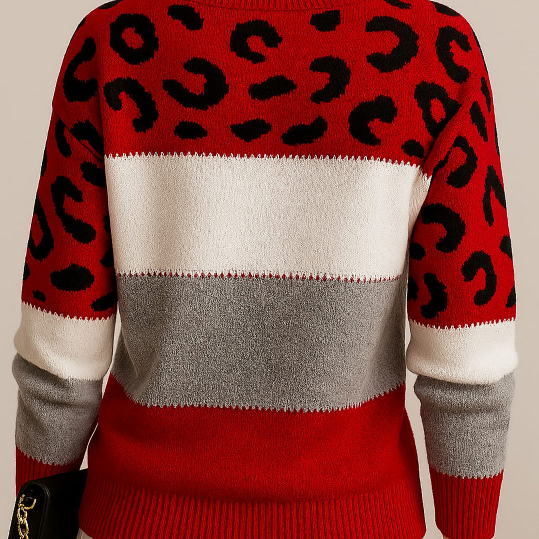 Damen Weicher Strickpullover mit Farbblock und Leopardenmuster - Rot