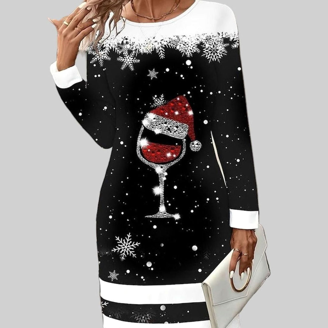 Damen Weihnachts-Pulloverkleid Weinglas und Weihnachtsmannmotiv Langarm
