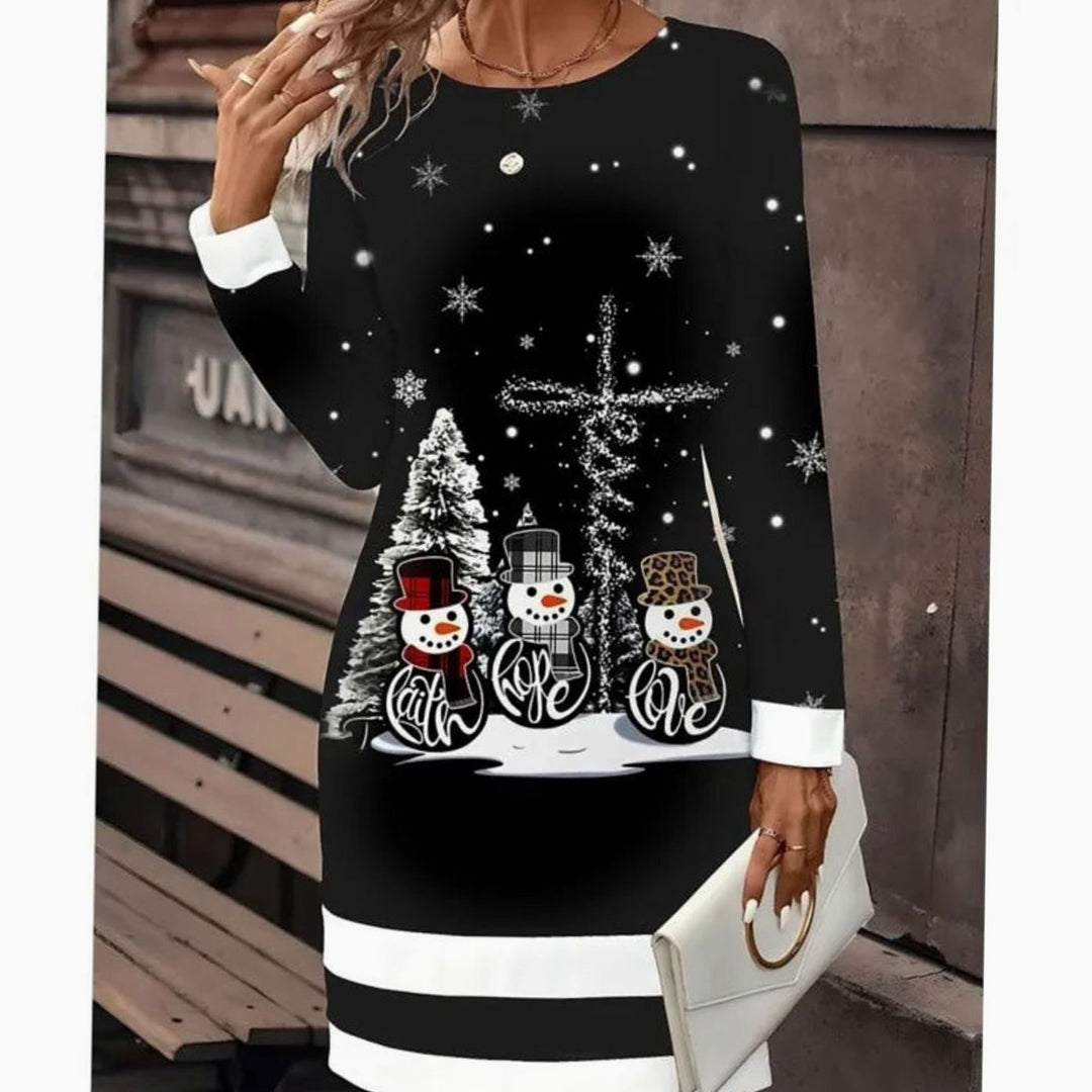 Damen Weihnachts-Sweatkleid mit Schneemann-Print Langarm Rundhals - Schwarz / Schneemann
