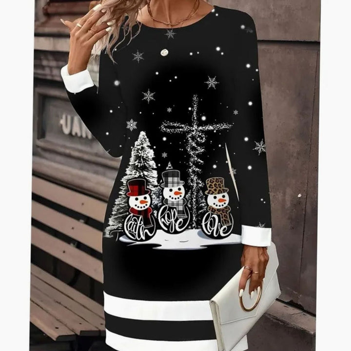 Damen Weihnachts-Sweatkleid mit Schneemann-Print Langarm Rundhals - Schwarz / Schneemann