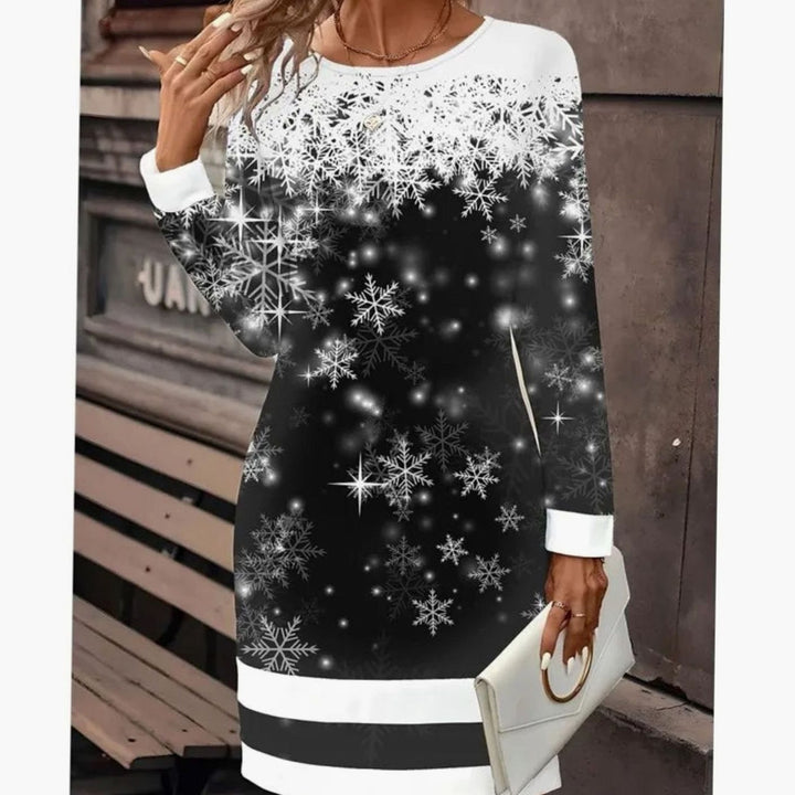 Damen Weihnachts-Sweatkleid mit Schneemann-Print Langarm Rundhals - Schwarz / Schneeflocken