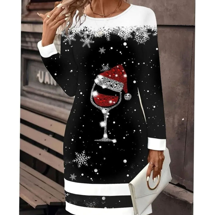 Damen Weihnachts-Sweatkleid mit Schneemann-Print Langarm Rundhals - Schwarz / Glas