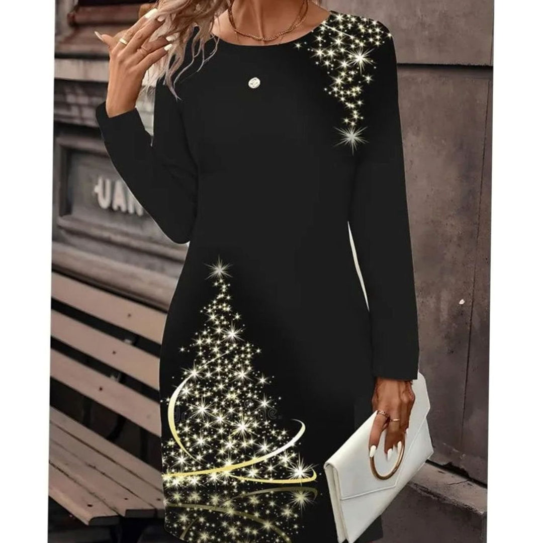 Damen Weihnachts-Sweatkleid mit Schneemann-Print Langarm Rundhals - Schwarz / Weihnachtsbaum