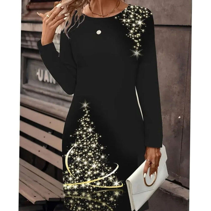 Damen Weihnachts-Sweatkleid mit Schneemann-Print Langarm Rundhals - Schwarz / Weihnachtsbaum