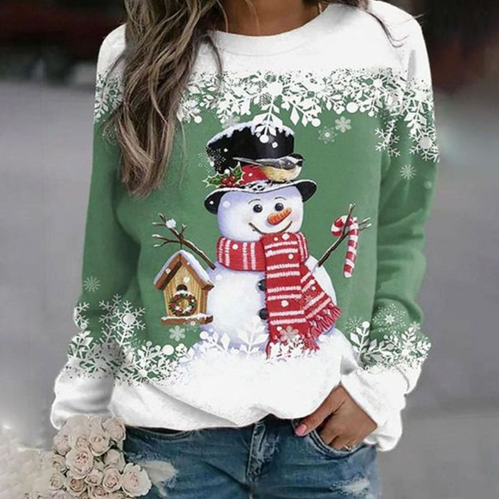 Damen Weihnachts-Sweatshirt mit Schneemann-Motiv Rundhals Lockere Passform - Grün