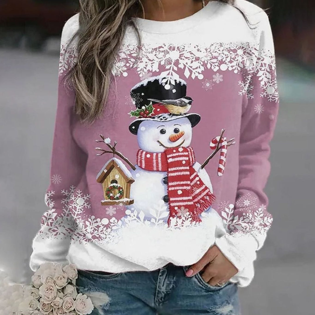 Damen Weihnachts-Sweatshirt mit Schneemann-Motiv Rundhals Lockere Passform - Rosa