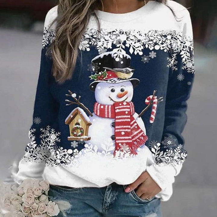 Damen Weihnachts-Sweatshirt mit Schneemann-Motiv Rundhals Lockere Passform - Dunkelblau