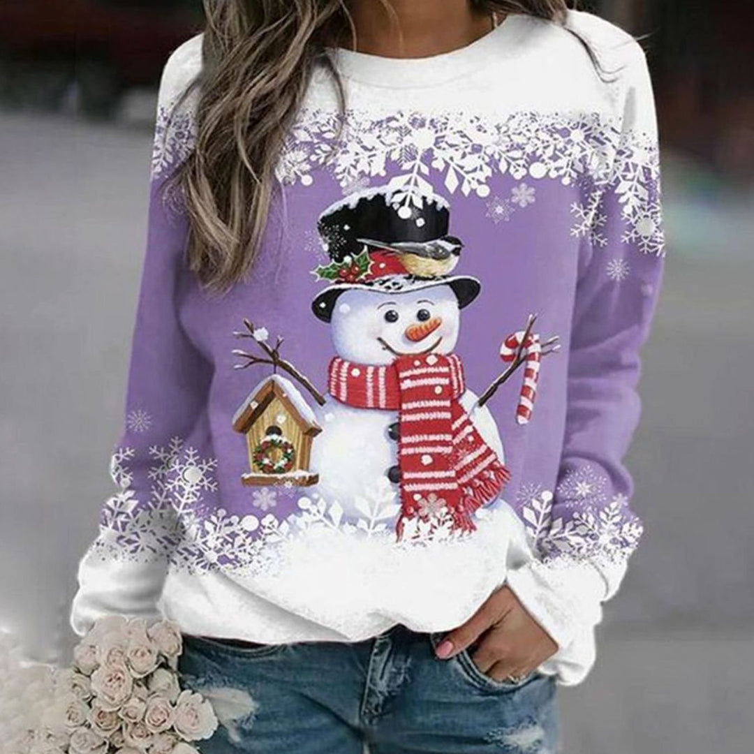 Damen Weihnachts-Sweatshirt mit Schneemann-Motiv Rundhals Lockere Passform - Lila