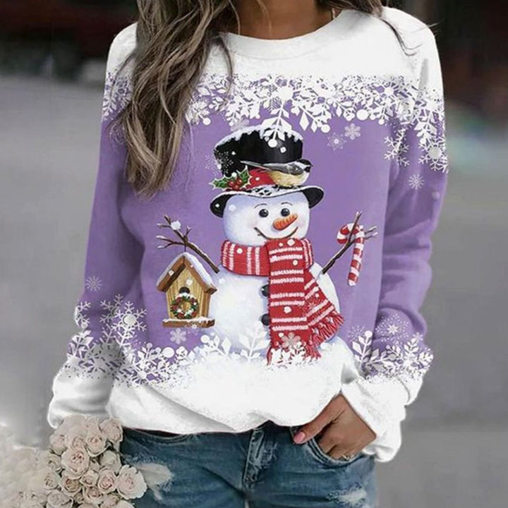 Damen Weihnachts-Sweatshirt mit Schneemann-Motiv Rundhals Lockere Passform - Lila