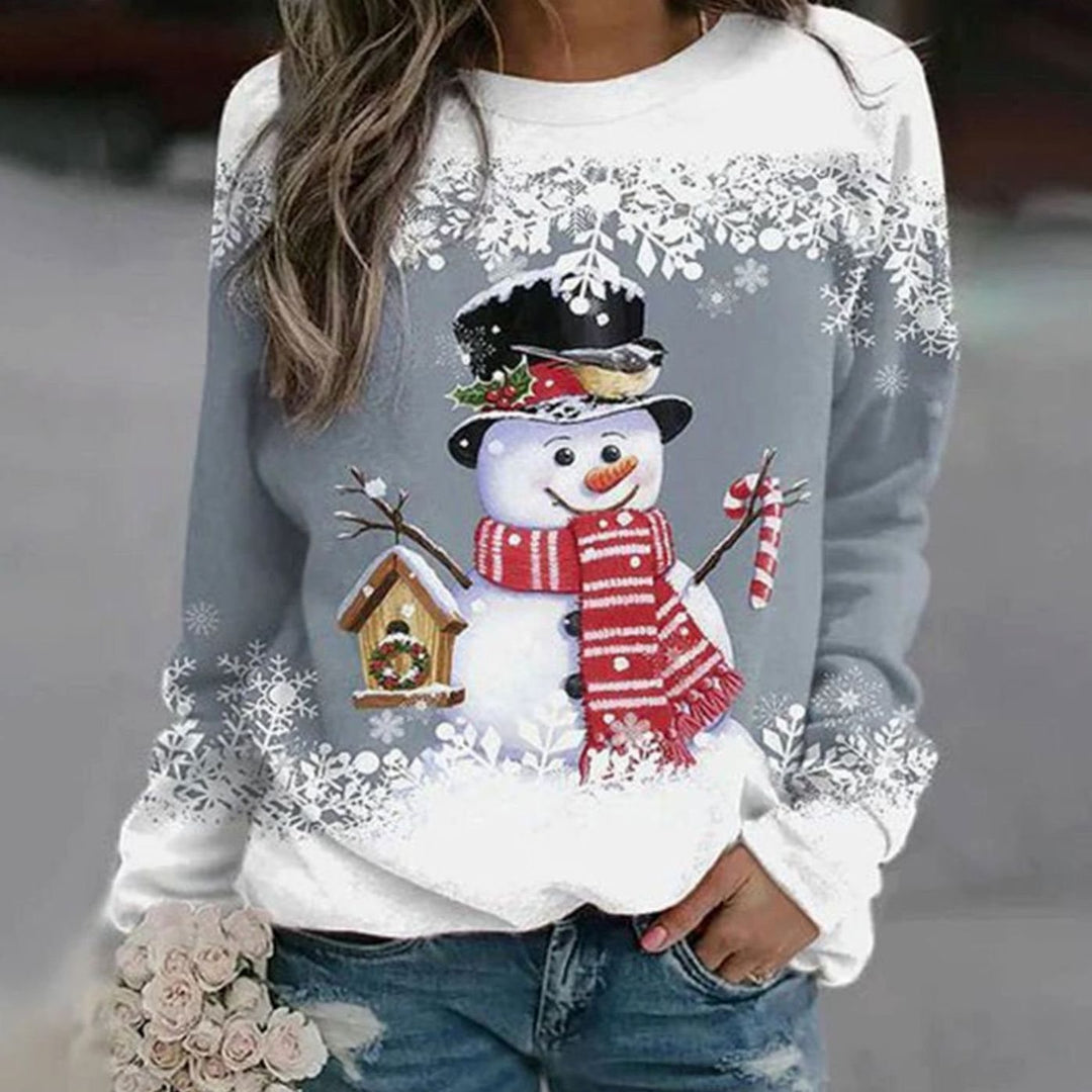 Damen Weihnachts-Sweatshirt mit Schneemann-Motiv Rundhals Lockere Passform - Grau