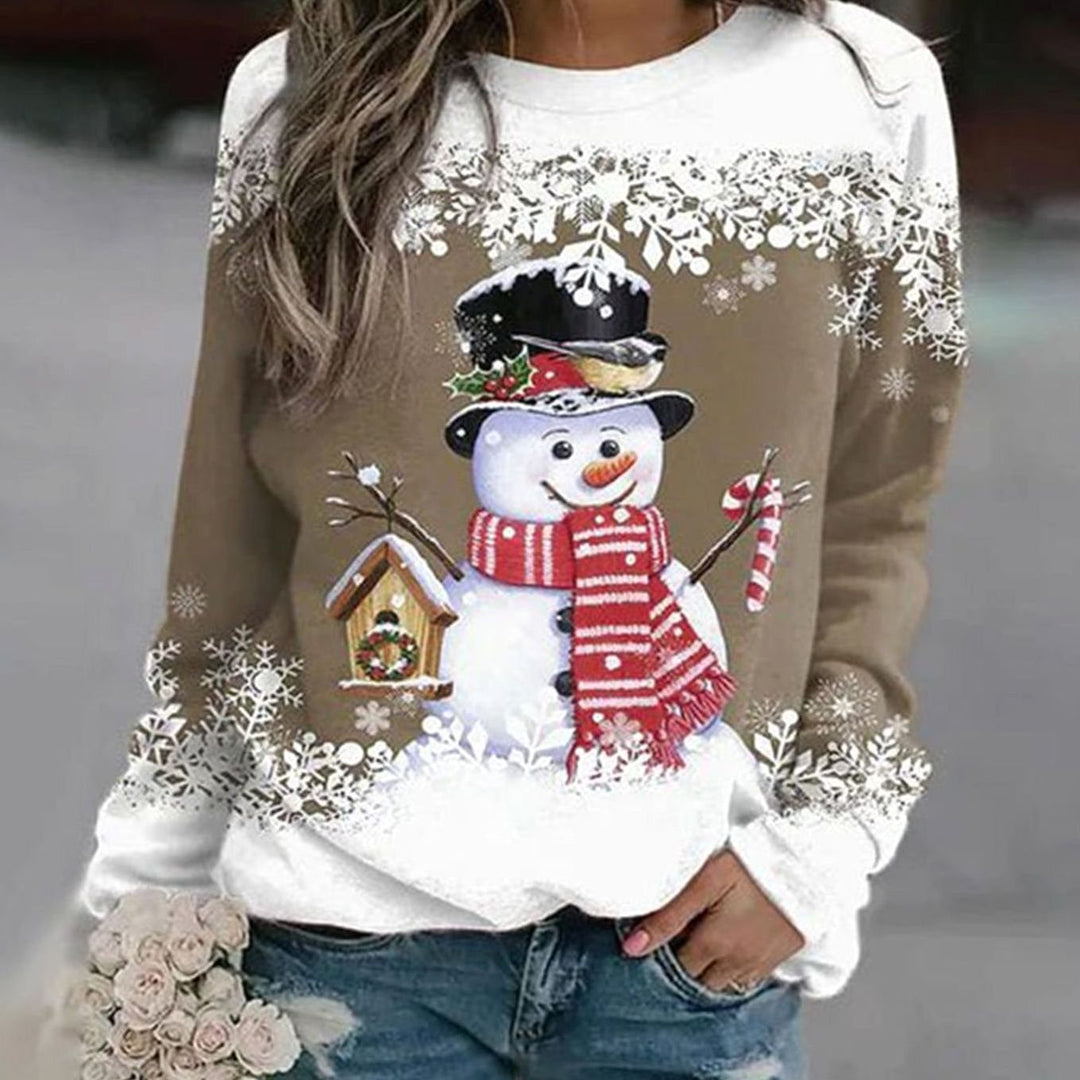 Damen Weihnachts-Sweatshirt mit Schneemann-Motiv Rundhals Lockere Passform - Khaki