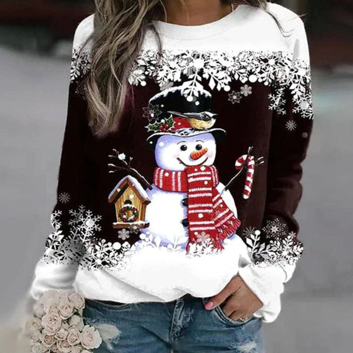 Damen Weihnachts-Sweatshirt mit Schneemann-Motiv Rundhals Lockere Passform - Dunkelbraun