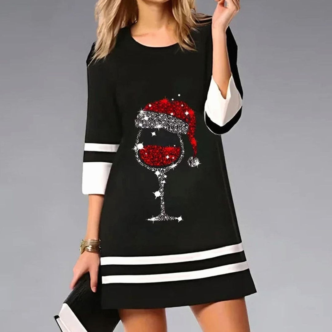 Damen Weihnachtskleid mit Rentierdruck Dreiviertellärmel Minikleid - Schwarz 2