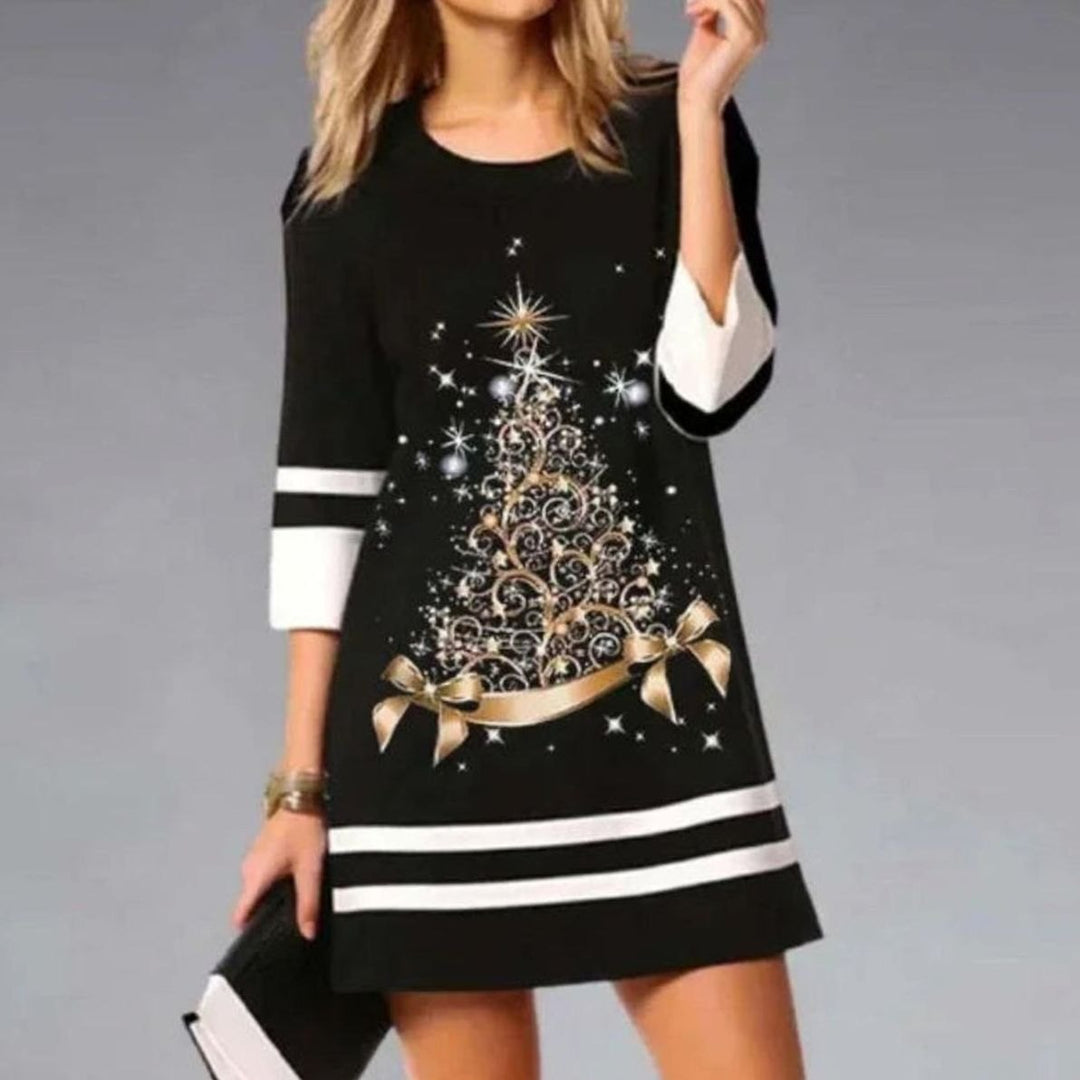 Damen Weihnachtskleid mit Rentierdruck Dreiviertellärmel Minikleid - Schwarz 4