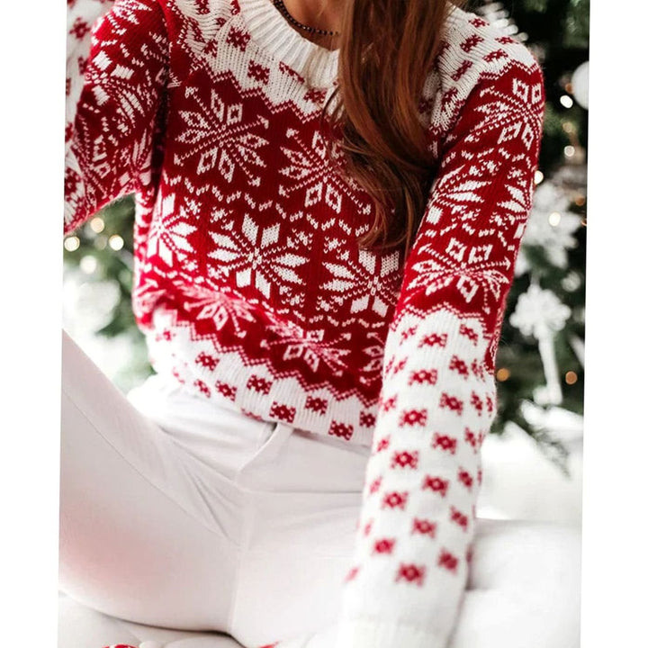 Damen Weihnachtspullover im Fair-Isle-Muster Rundhals Strickpullover - Dunkelrot