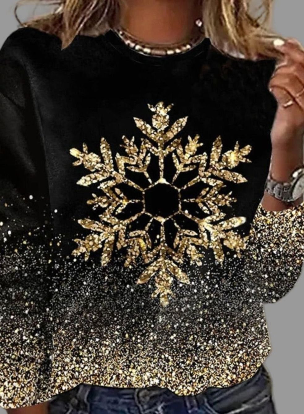 Damen Weihnachtspullover lockerer Rundhals mit goldenen Schneeflocken