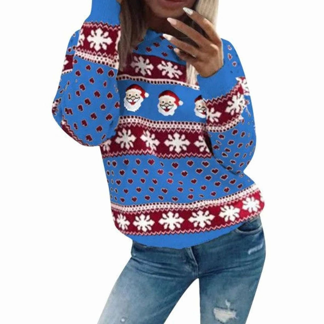 Damen Weihnachtspullover mit Weihnachtsmann und Schneeflockenmuster Rundhals - Blau