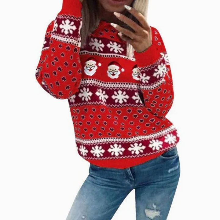 Damen Weihnachtspullover mit Weihnachtsmann und Schneeflockenmuster Rundhals - Rot