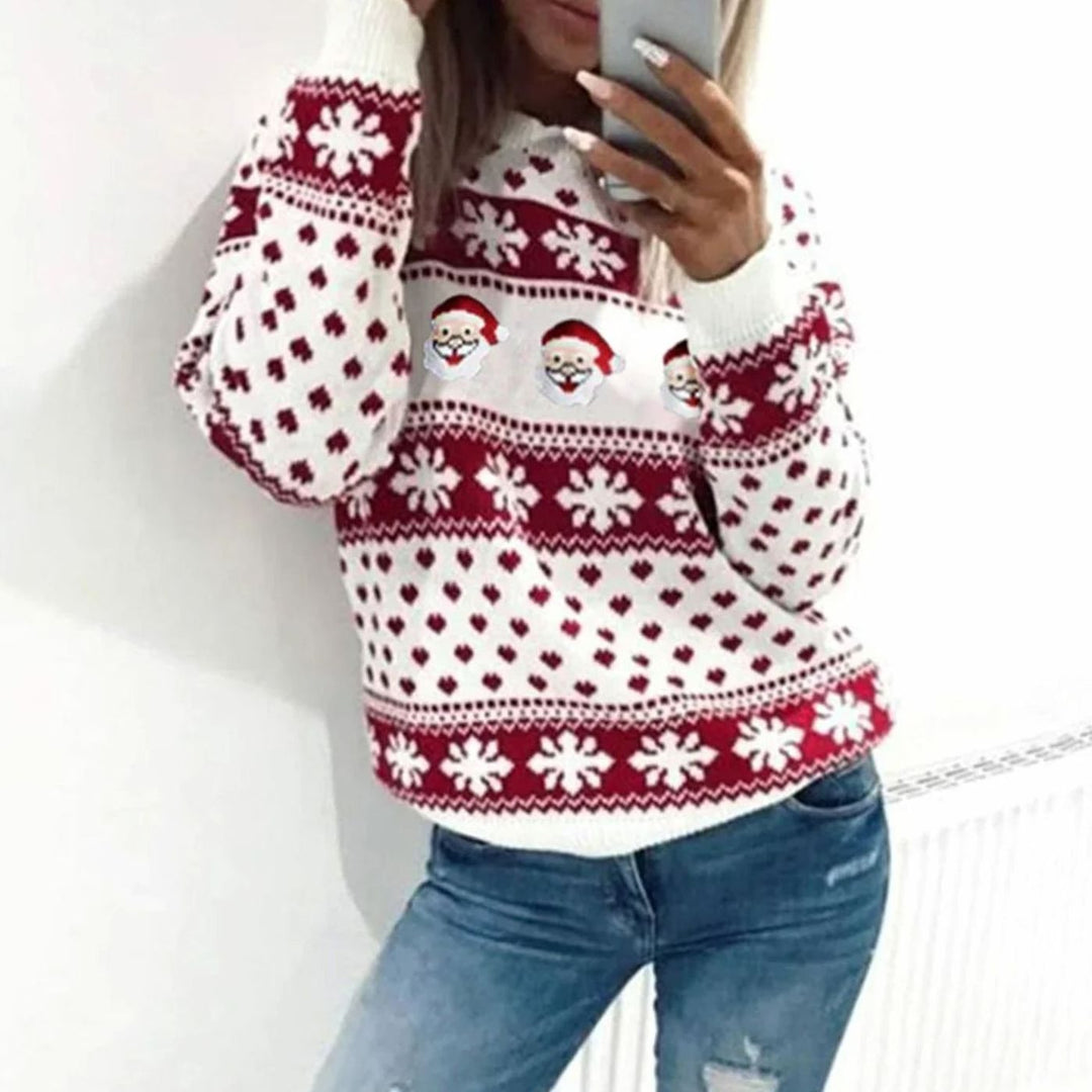 Damen Weihnachtspullover mit Weihnachtsmann und Schneeflockenmuster Rundhals - Weiß
