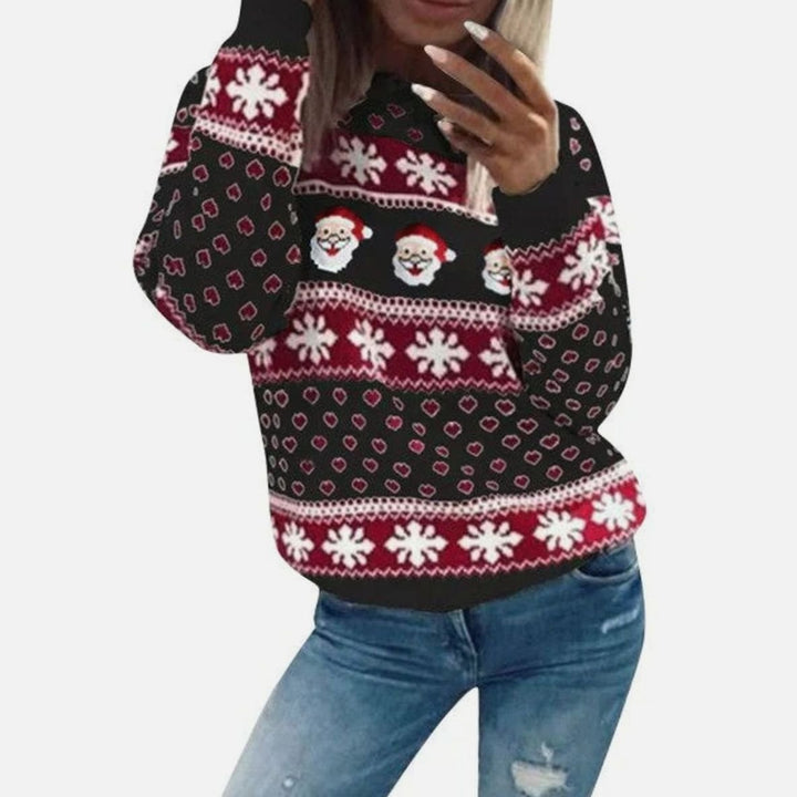 Damen Weihnachtspullover mit Weihnachtsmann und Schneeflockenmuster Rundhals - Schwarz