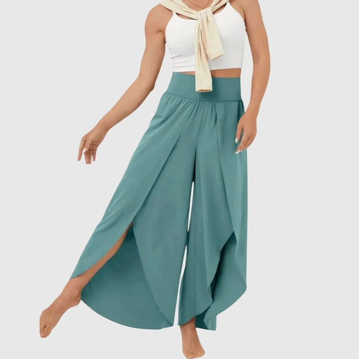 Damen Weitbein-Boho-Hose mit Schlitzdesign Hochbund fließend