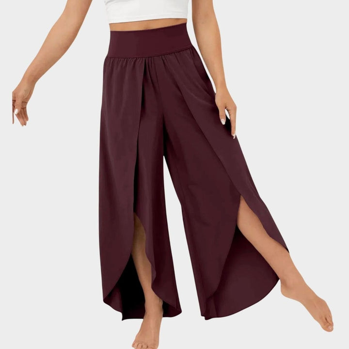 Damen Weitbein-Boho-Hose mit Schlitzdesign Hochbund fließend