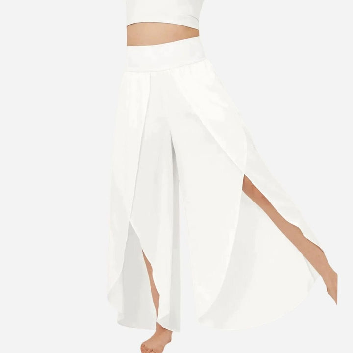 Damen Weitbein-Boho-Hose mit Schlitzdesign Hochbund fließend - Weiß