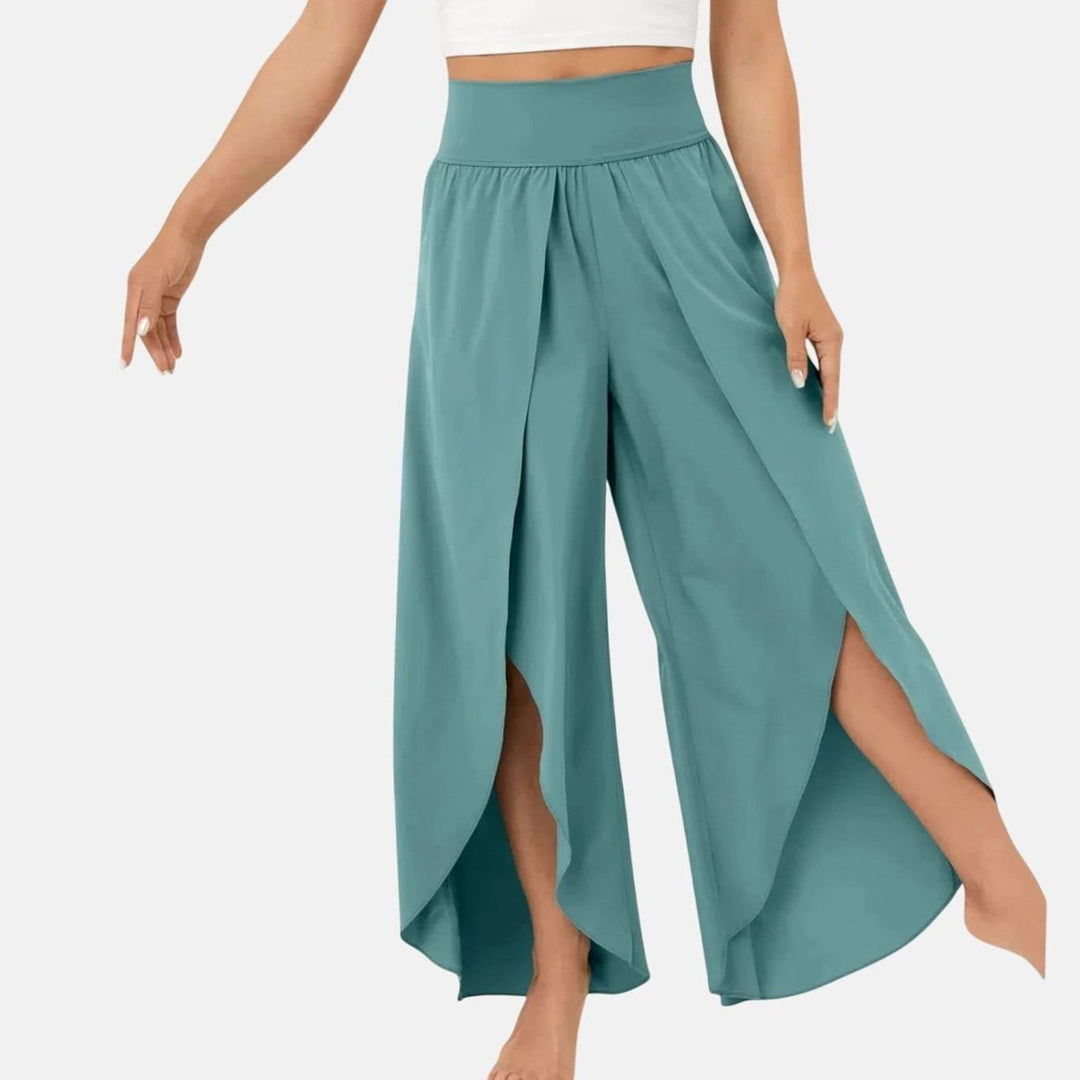 Damen Weitbein-Boho-Hose mit Schlitzdesign Hochbund fließend - Hellblau