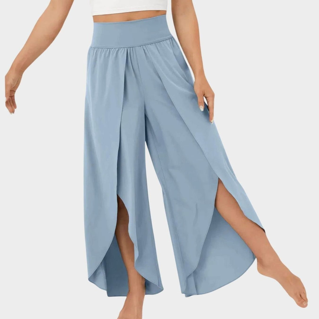 Damen Weitbein-Boho-Hose mit Schlitzdesign Hochbund fließend - Blau