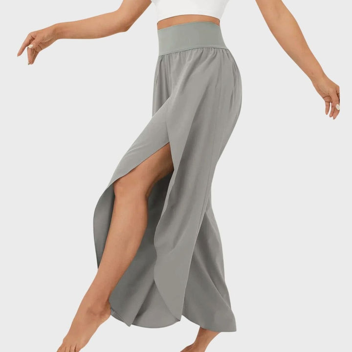 Damen Weitbein-Boho-Hose mit Schlitzdesign Hochbund fließend - Grau