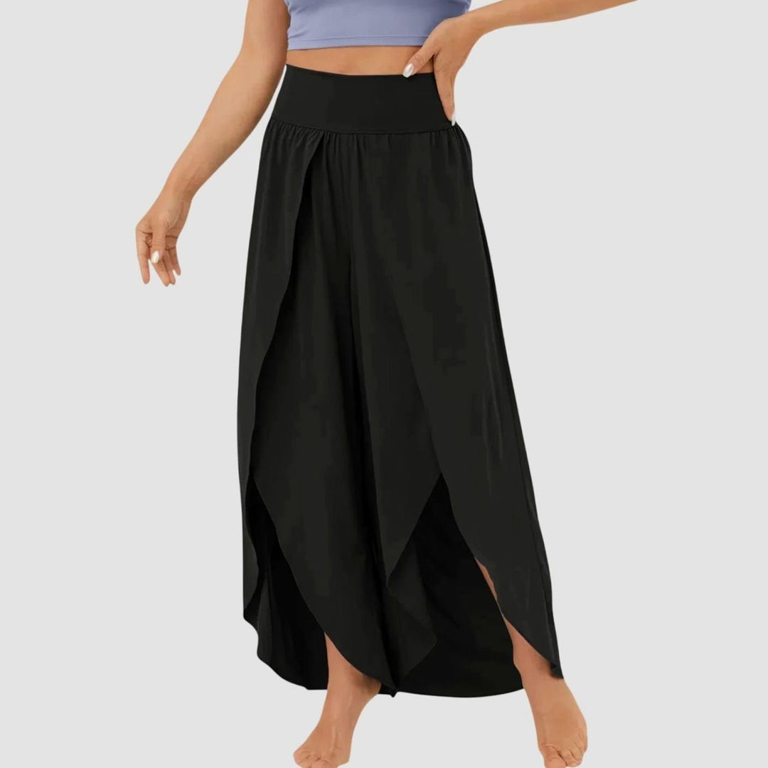 Damen Weitbein-Boho-Hose mit Schlitzdesign Hochbund fließend - Schwarz