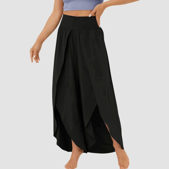 Damen Weitbein-Boho-Hose mit Schlitzdesign Hochbund fließend - Schwarz