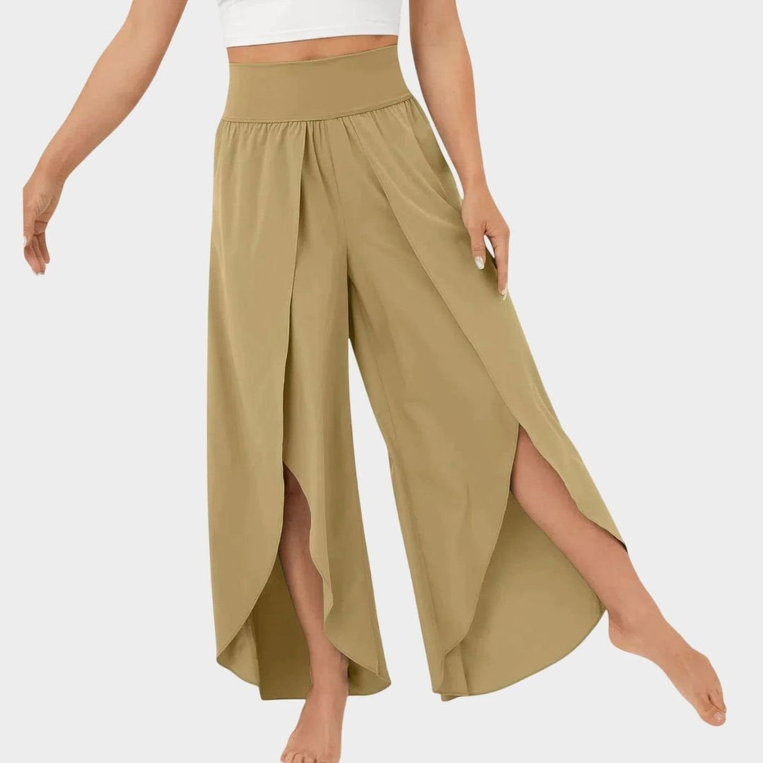 Damen Weitbein-Boho-Hose mit Schlitzdesign Hochbund fließend - Khaki