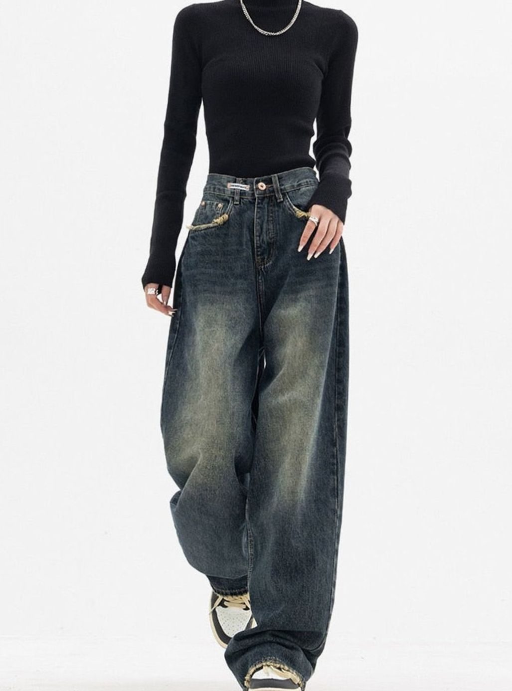 Damen Weites Bein Highwaist Jeans aus Gewaschenem Denim - Blaugrau