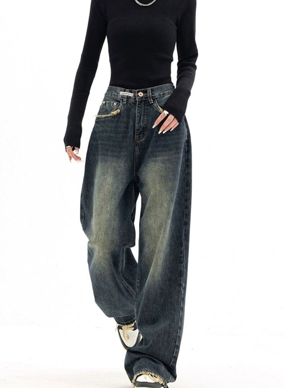 Damen Weites Bein Highwaist Jeans aus Gewaschenem Denim