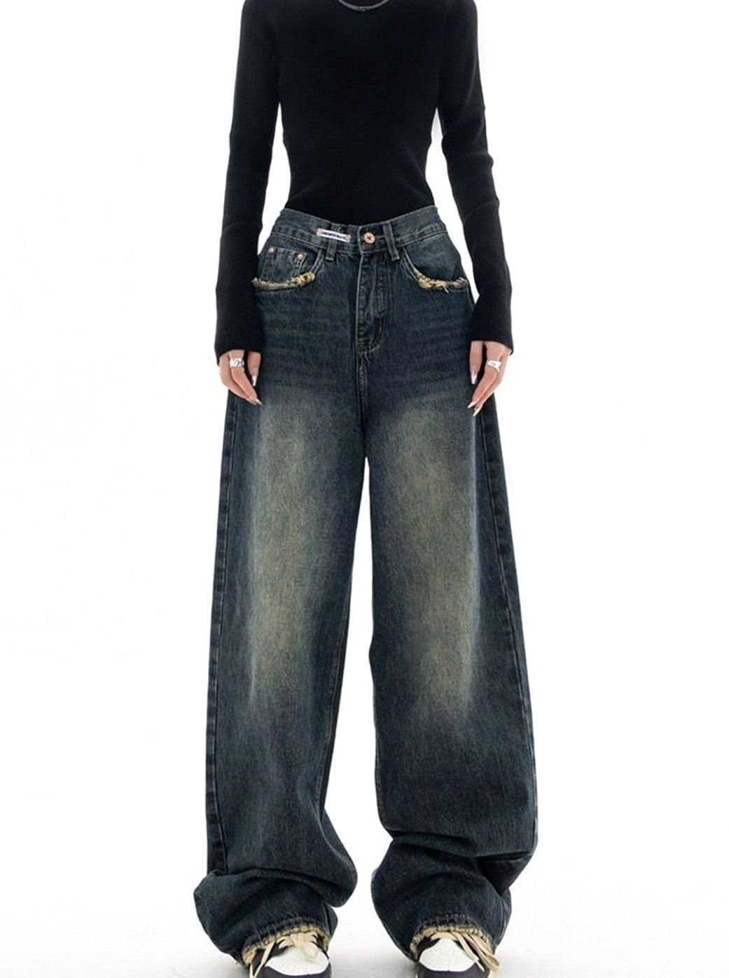 Damen Weites Bein Highwaist Jeans aus Gewaschenem Denim