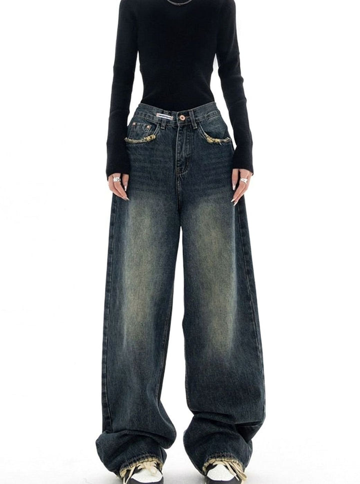Damen Weites Bein Highwaist Jeans aus Gewaschenem Denim