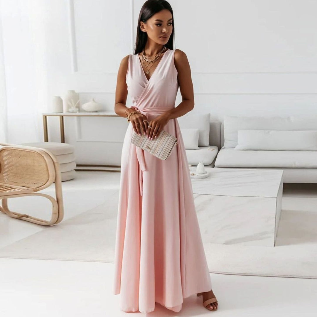 Damen Wickel Maxi Kleid für Hochzeitsgäste Ärmellos V-Ausschnitt - Blassrosa