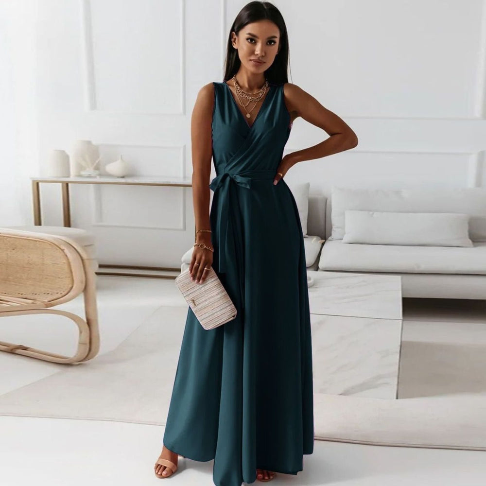 Damen Wickel Maxi Kleid für Hochzeitsgäste Ärmellos V-Ausschnitt - Dunkelgrün