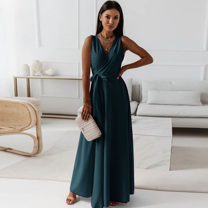 Damen Wickel Maxi Kleid für Hochzeitsgäste Ärmellos V-Ausschnitt - Dunkelgrün