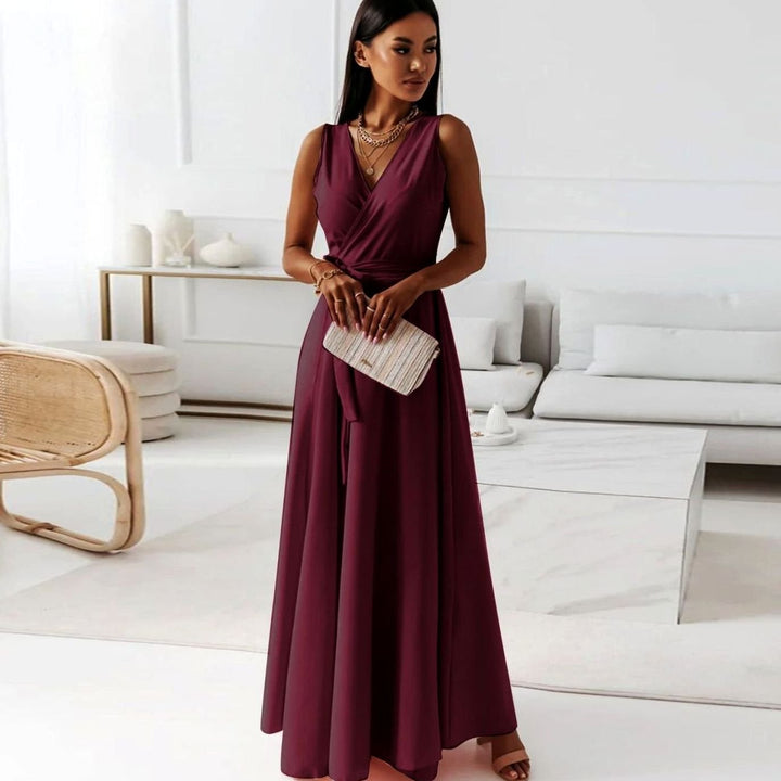 Damen Wickel Maxi Kleid für Hochzeitsgäste Ärmellos V-Ausschnitt - Burgund