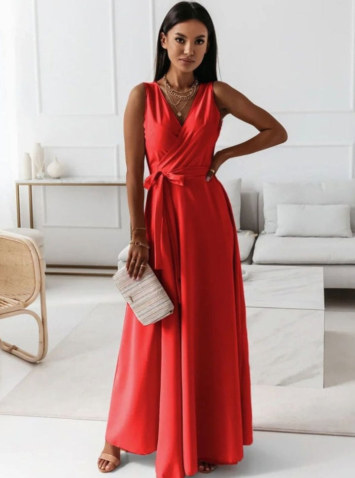 Damen Wickel Maxi Kleid für Hochzeitsgäste Ärmellos V-Ausschnitt - Rot