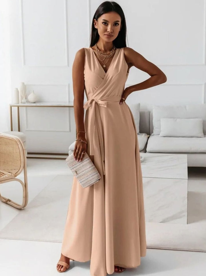 Damen Wickel Maxi Kleid für Hochzeitsgäste Ärmellos V-Ausschnitt - Khaki